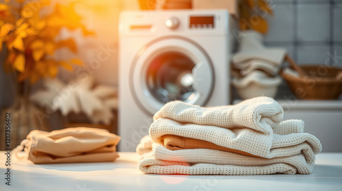 white table decorated with neatly folded piles of clean linen and towels in laundry room; washing machine in the background creating homely atmosphere in the room