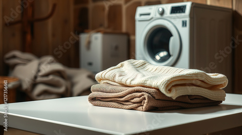 white table decorated with neatly folded piles of clean linen and towels in laundry room; washing machine in the background creating homely atmosphere in the room