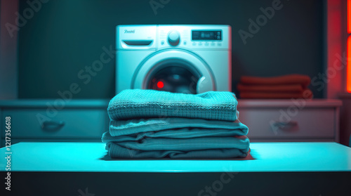 white table decorated with neatly folded piles of clean linen and towels in laundry room; washing machine in the background creating homely atmosphere in the room