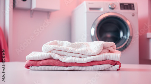 white table decorated with neatly folded piles of clean linen and towels in laundry room; washing machine in the background creating homely atmosphere in the room