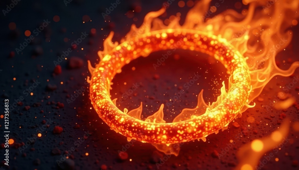 Fototapeta premium Intricate fiery spiral, glowing embers, dark background Crimson, gold, deep orange tones , energy, light, backdrop