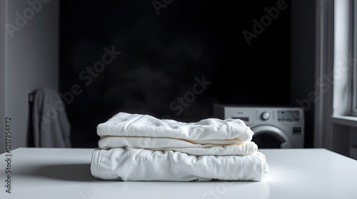 white table decorated with neatly folded piles of clean linen and towels in laundry room; washing machine in the background creating homely atmosphere in the room