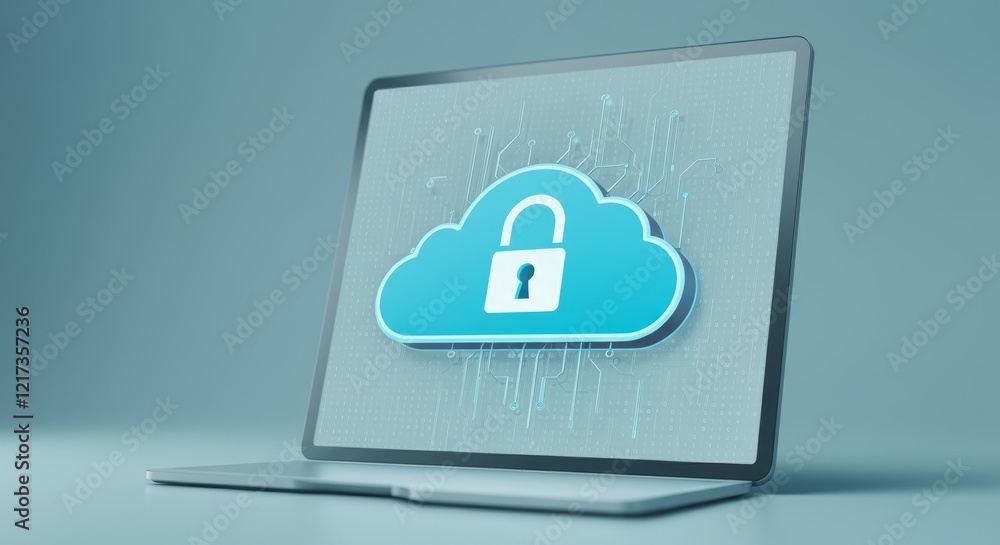 Laptop screen shows a blue cloud with a lock on it Laptop screen shows a blue cloud with a lock on it
