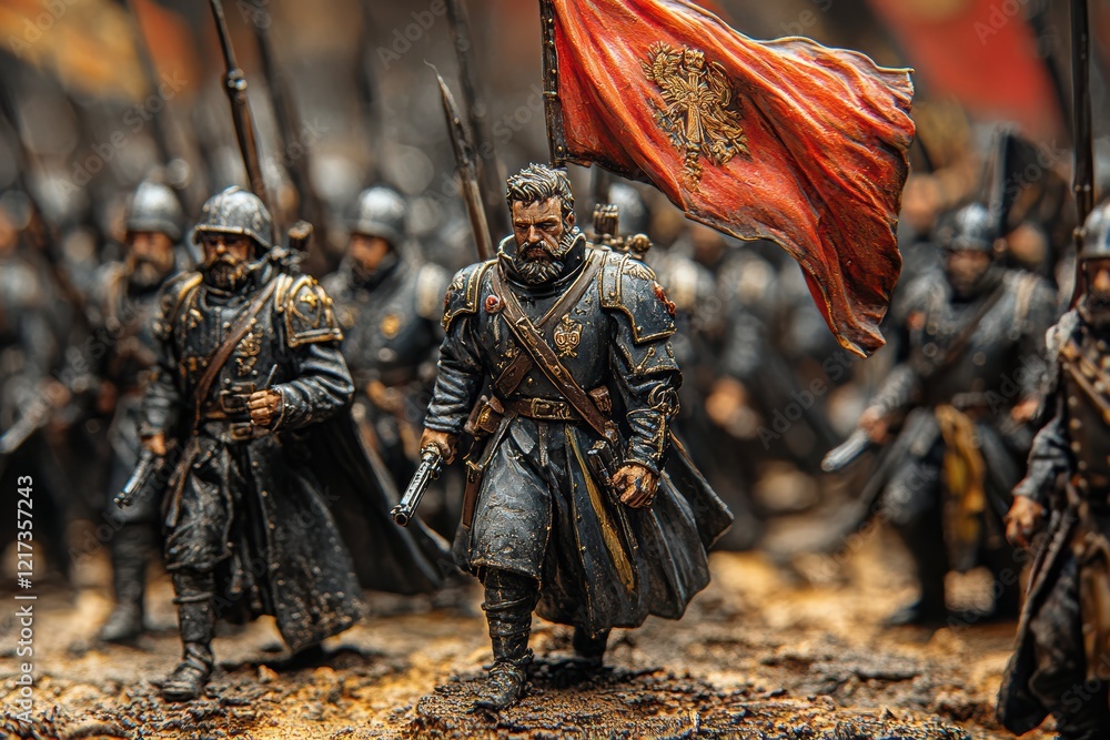 Hand-painted wargame miniatures depicting a formidable military unit on the battlefield Hand-painted wargame miniatures depicting a formidable military unit on the battlefield