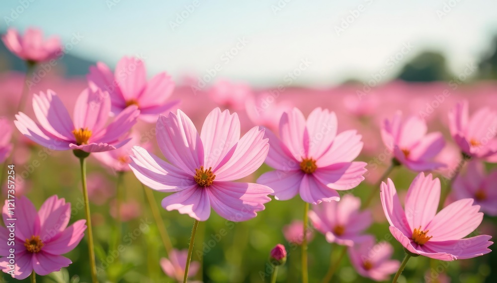 Delicate pink cosmos blooms sway gently in the breeze, floral fields, spring flowers Delicate pink cosmos blooms sway gently in the breeze, floral fields, spring flowers