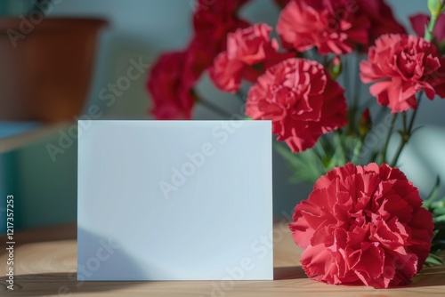 Blank Card Surrounded by Vibrant Red Carnations on Wooden Table photo