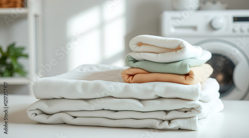 white table decorated with neatly folded piles of clean linen and towels in laundry room; washing machine in the background creating homely atmosphere in the room