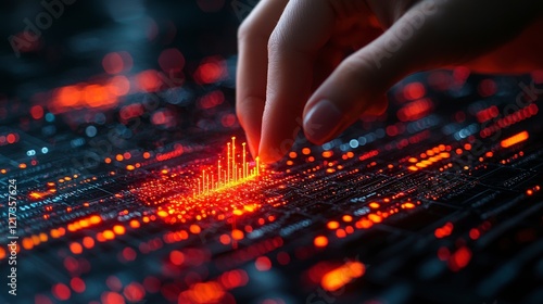 A hand gently interacting with a glowing, futuristic data interface, symbolizing the innovative blend of technology and human interaction in the digital age of information.