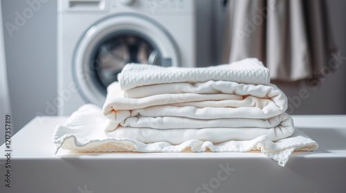 white table decorated with neatly folded piles of clean linen and towels in laundry room; washing machine in the background creating homely atmosphere in the room
