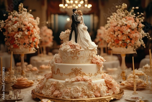 Multi-tiered wedding cake decorated with pink roses and a figurine of the bride and groom kissing, displayed on a table at a wedding reception photo