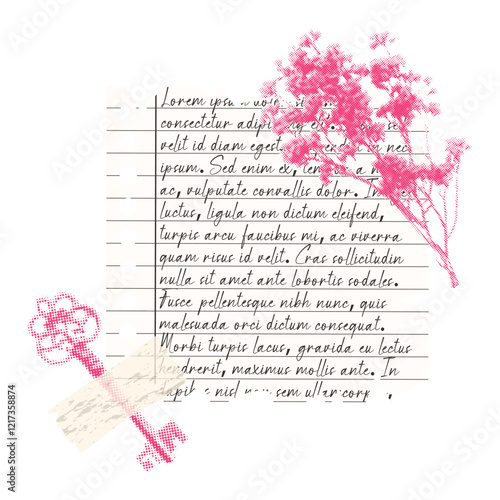 Vintage letter design with pink flowers and key. Halftone design. Vector