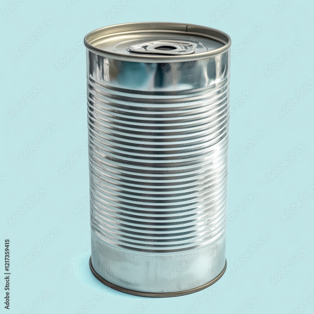 A shiny metal canister with a smooth surface, placed against a light blue backdrop, showcasing its cylindrical shape and reflective quality. A shiny metal canister with a smooth surface, placed against a light blue backdrop, showcasing its cylindrical shape and reflective quality.