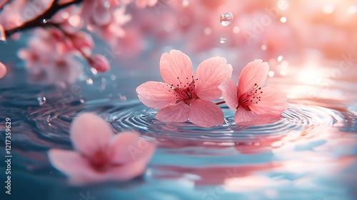 Dreamy Reflections of Cherry Blossom Petals with Sunlit Ripples on Water, Ultra-High Definition Art Photography, 日差しを浴びた波紋が描く桜の花びら夢見る反映、超高精細アート写真.Generative AI photo