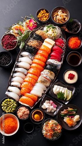 A Tai fish surrounded by symbolic Osechi Ryori items, such as black beans health and kazunoko herring roe for fertility photo