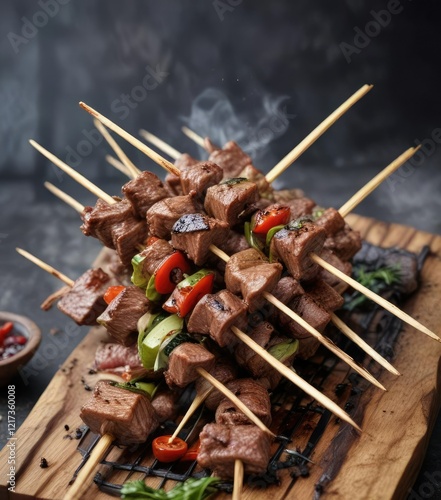 Grilled skewers of marinated beef on a bamboo stick, grilled meat, satay maranggi photo