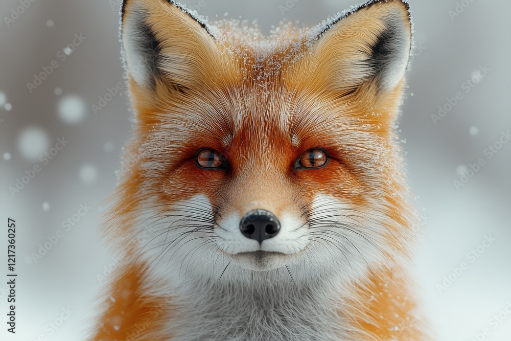 Obraz premium A close-up of a smiling fox with snowflakes in a winter setting.