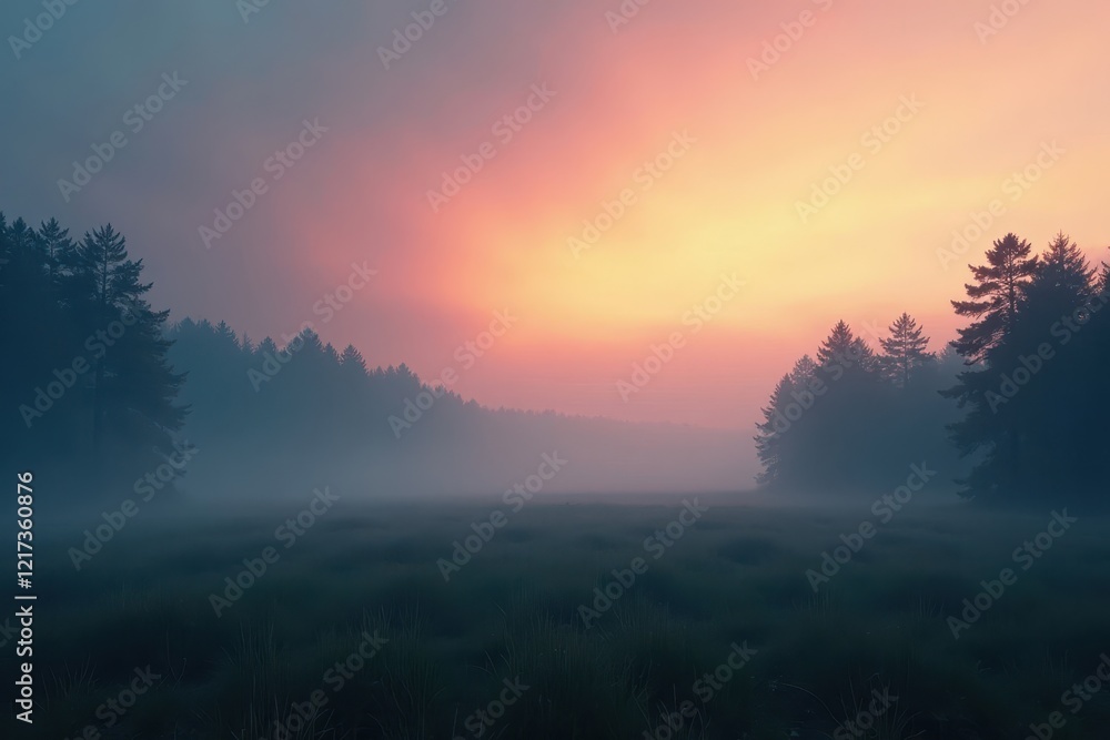 Fototapeta premium Mysterious foggy landscape at dawn with white light blur, abstract background, surreal, dawn