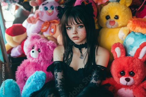 Teenager cosplayer wearing cat ears and black gothic dress posing with colorful stuffed animals photo