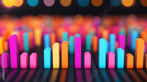 A vibrant, abstract representation of sound waves with colorful vertical bars, creating a dynamic visual rhythm against a blurred background. photo