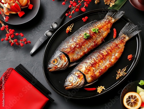 Tai fish placed on a ceremonial platter, surrounded by seasonal decorations like pine and plum blossoms photo