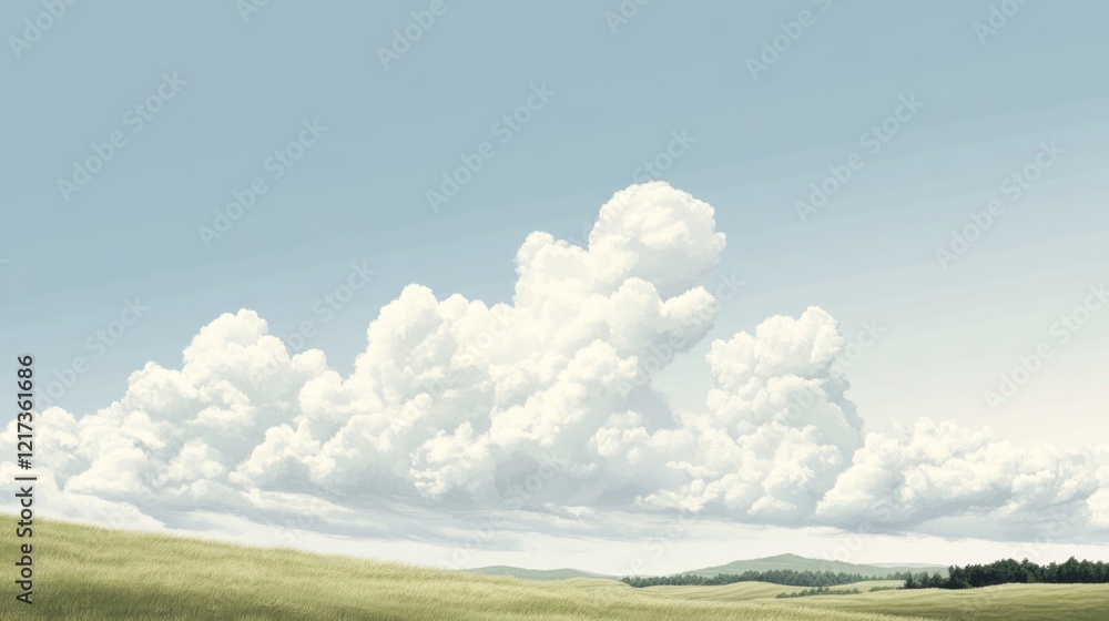 Obraz premium Expansive landscape featuring fluffy white clouds over rolling green hills under a clear sky