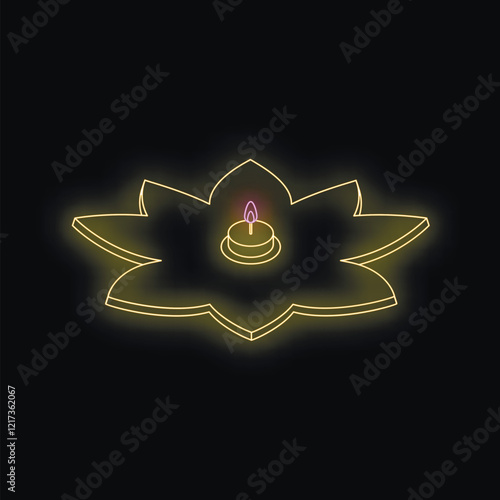 Neon illustration of a burning candle resting on a lotus flower shaped candle holder, creating a spiritual and peaceful ambiance