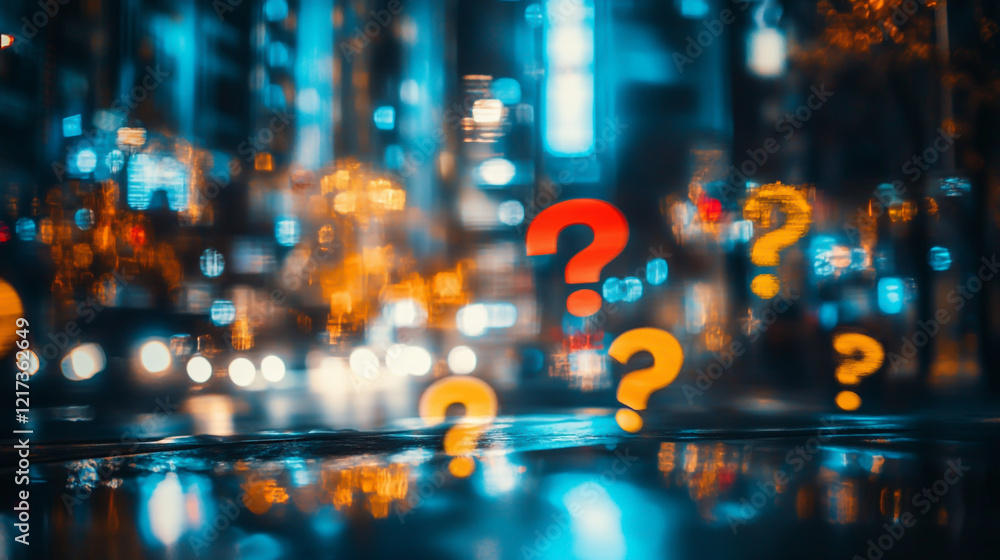 Fototapeta premium blend of question marks and blurred city lights, creating a captivating visual representation of intersection between modern technology and urban life cinematic view.