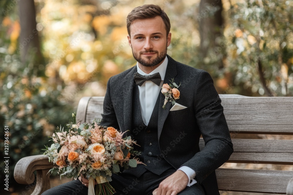 Groom wearing elegant suit, holding bridal bouquet, sitting on wooden bench in a park during fall season Groom wearing elegant suit, holding bridal bouquet, sitting on wooden bench in a park during fall season