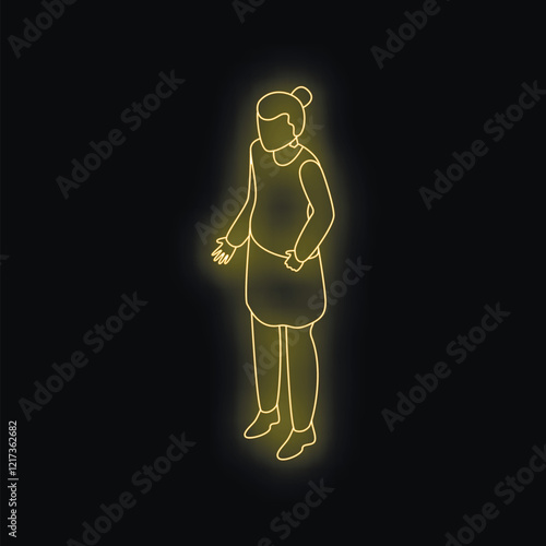 Neon yellow outline of woman gesturing with hand in pocket, viewed from above