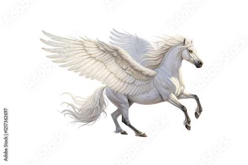 A detailed illustration of a Pegasus in motion, with flowing mane and tail, its wings extended gracefully, a masterpiece of fantasy art. Isolated on a transparent background