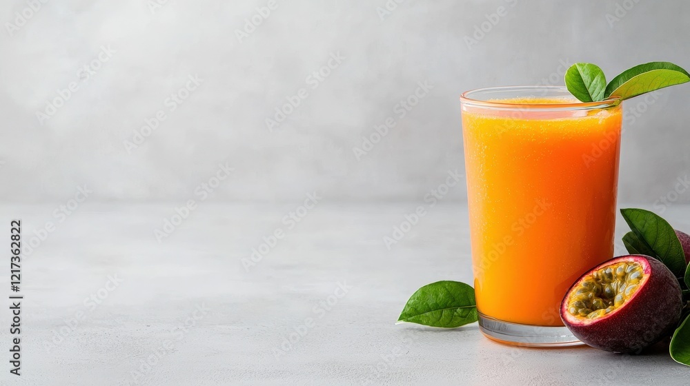 Fototapeta premium Glass of orange juice beside half a passion fruit and passion fruit pulp in a clear glass container