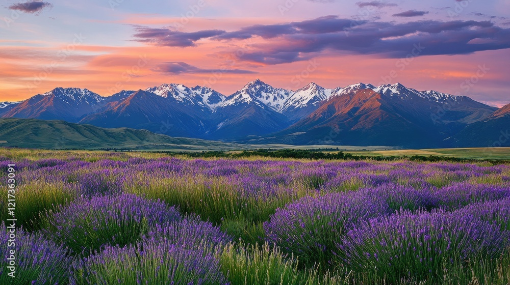 A vibrant lavender field stretches across the foreground, A vibrant lavender field stretches across the foreground,