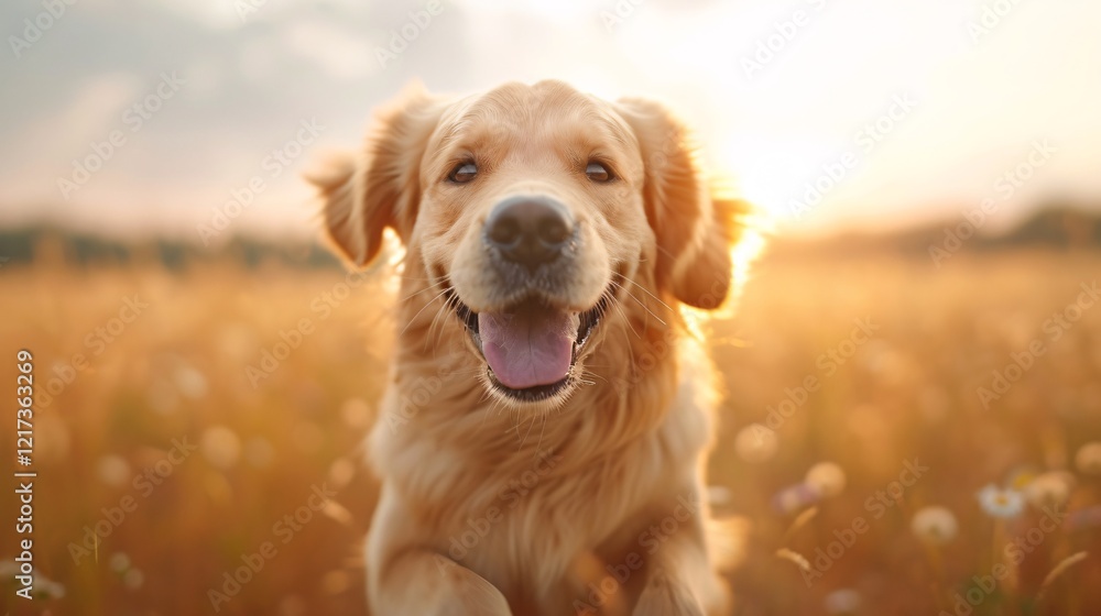 happy golden retriever in sunlit field of flowers happy golden retriever in sunlit field of flowers