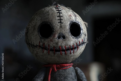 Creepy handmade rag doll with red stitches and empty eyes, perfect for halloween projects photo