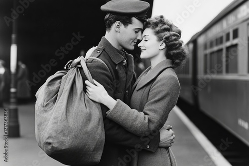 Vintage black-and-white photograph of a 1940s couple embracing at a train station during wartime.