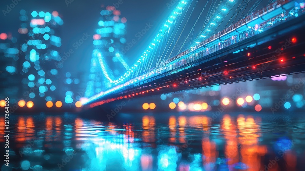 Night Cityscape, Illuminated Bridge Reflecting on Calm Waters Night Cityscape, Illuminated Bridge Reflecting on Calm Waters