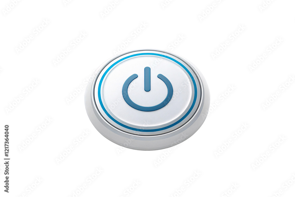 A minimalist power button design featuring a clean, metallic surface with a bold blue power symbol for intuitive usability. Isolated on a transparent background A minimalist power button design featuring a clean, metallic surface with a bold blue power symbol for intuitive usability. Isolated on a transparent background