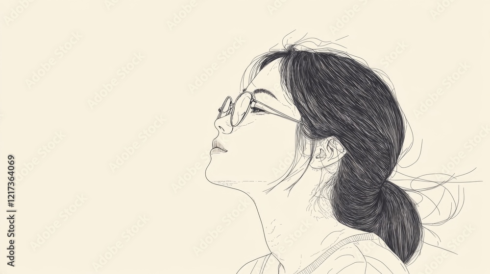 Profile sketch of a woman with glasses, gazing thoughtfully, soft background suggesting calmness Profile sketch of a woman with glasses, gazing thoughtfully, soft background suggesting calmness