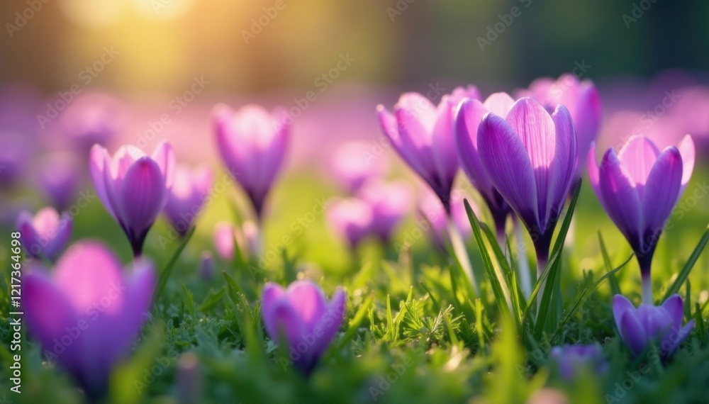 Field of violet crocuses swaying gently in the breeze, , field of flowers Field of violet crocuses swaying gently in the breeze, , field of flowers