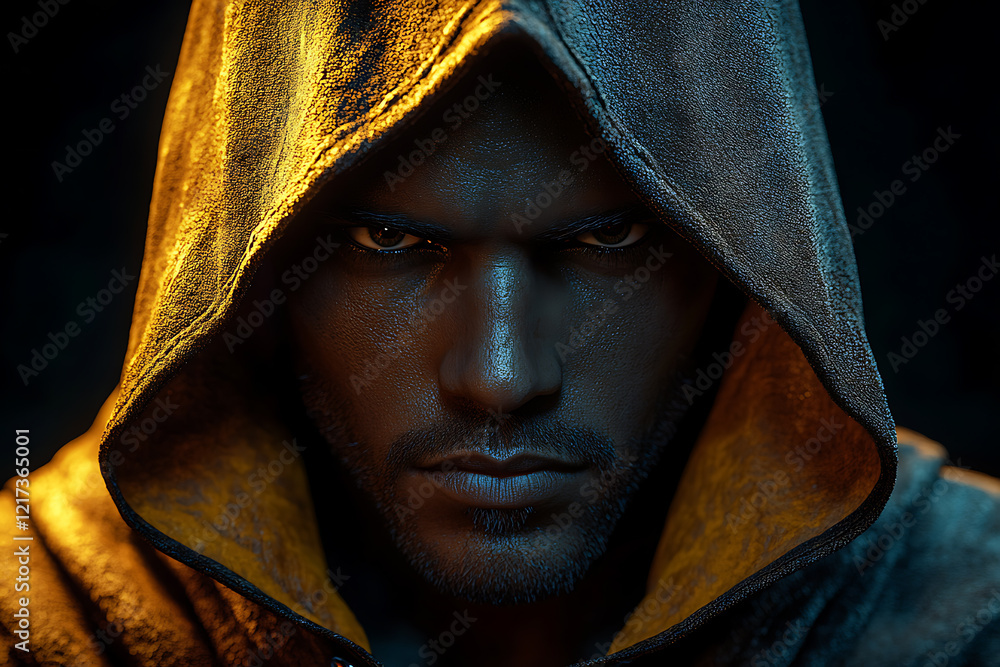 Mysterious man wearing a hood, his shadowy face obscured, staring directly at the camera as if participating in a video call Mysterious man wearing a hood, his shadowy face obscured, staring directly at the camera as if participating in a video call