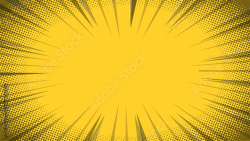 yellow comic zoom background with rays and halftone dots Vector.