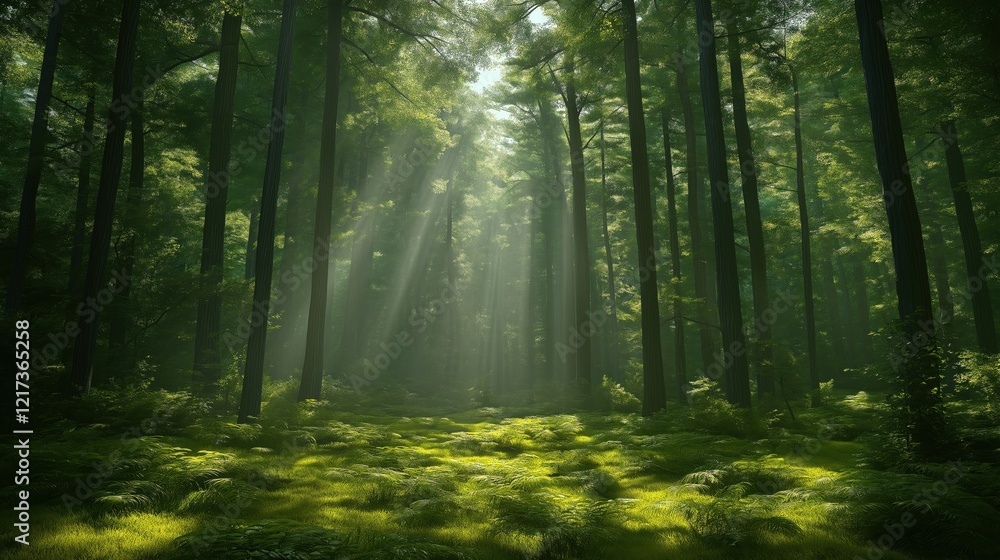 Fototapeta premium A forest with sunlight shining through the trees