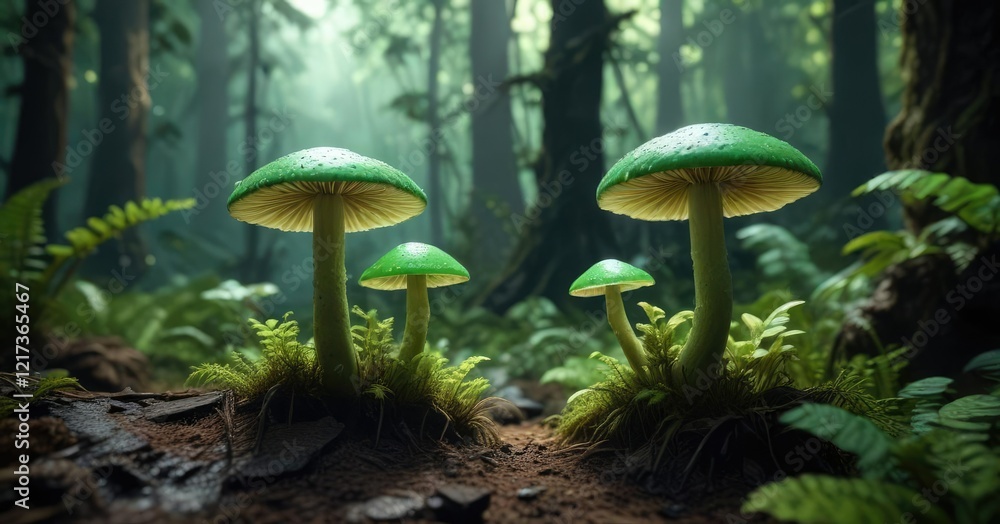 Glowing green mushrooms in a tropical rainforest, glowing caps, rainforest, bioluminescent Glowing green mushrooms in a tropical rainforest, glowing caps, rainforest, bioluminescent