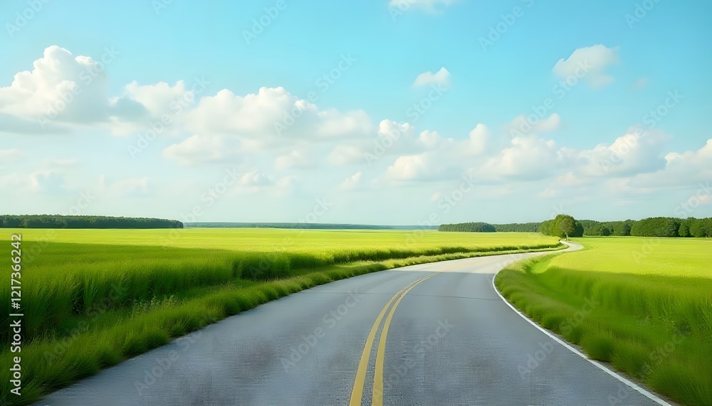 A winding asphalt road stretches through a bright green field under a blue sky filled with clouds A winding asphalt road stretches through a bright green field under a blue sky filled with clouds