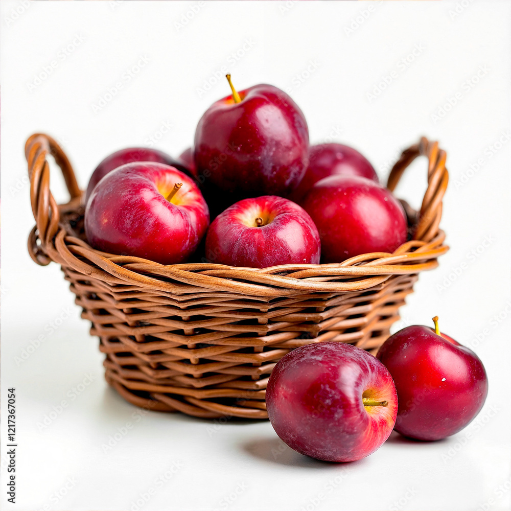 Ripe red plums in a woven basket, with a few fruits placed nearby. Ripe red plums in a woven basket, with a few fruits placed nearby.