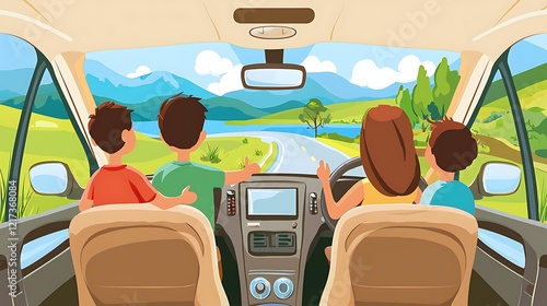 A family of four is driving down a road with mountains in the background