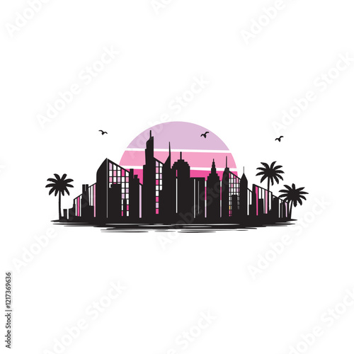 palm landscape with tall houses of a big city vector silhouette logo
