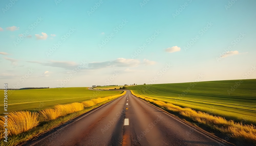 A long winding asphalt road stretches into the horizon with vibrant green fields on either side A long winding asphalt road stretches into the horizon with vibrant green fields on either side