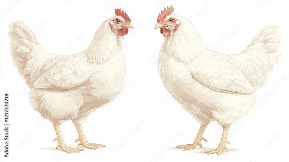 Fototapeta premium Two white chickens facing each other in a minimalist background, showcasing their features