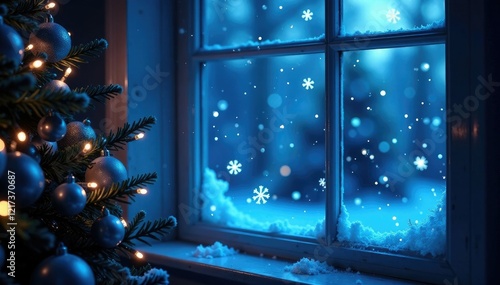 Blue lights shining through a festive window with snowflakes falling outside, decoration, festive